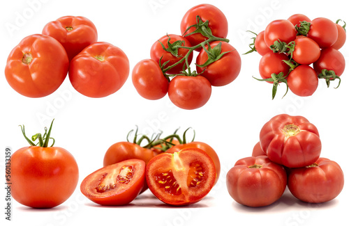 Set of tomatoes images. Tomatoes isolated on a white background. Clipping Path. Full depth of field. close up