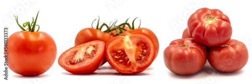 Set of tomatoes images. Tomatoes isolated on a white background. Clipping Path. Full depth of field. close up