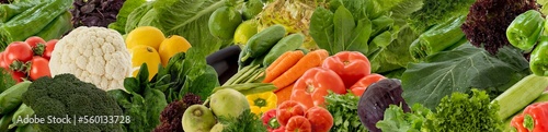 Wide variety of colorful fresh fruits and vegetables background. Vegetable and fruit composition. Wide collage