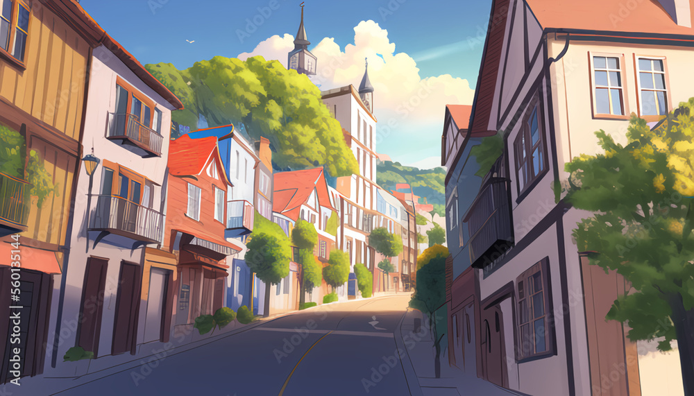 Drawing of the streets of a resort town on a sunny day. 