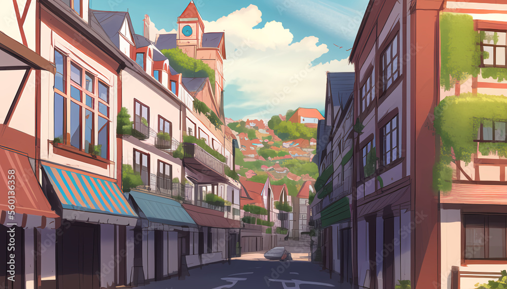 Drawing of the streets of a resort town on a sunny day. 
