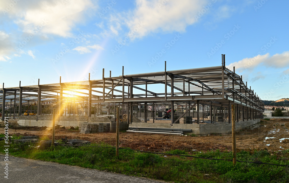 Construction site, steel frame structure is under construction