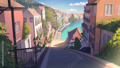 Drawing of the streets of a resort town on a sunny day. 