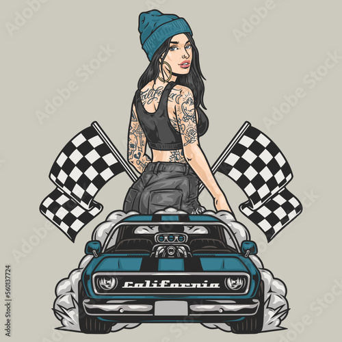 Street racer girl colorful sketch