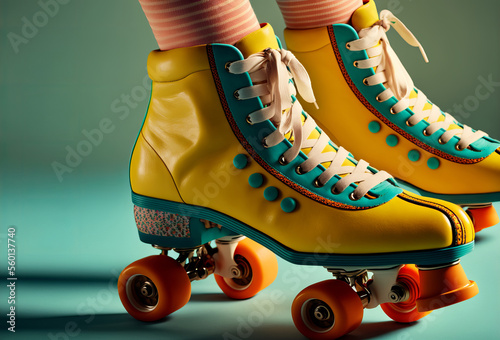 Close up of a womans feet wearing bright retro roller skates. Generative ai