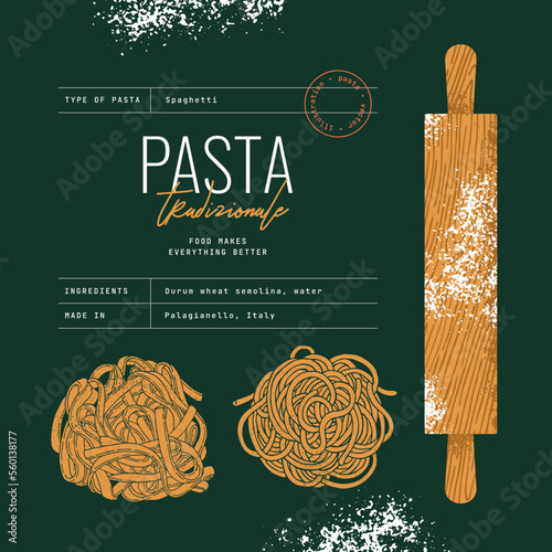 Pasta design template. Rolling pin with the pasta. Textured illustration. Italian food. 