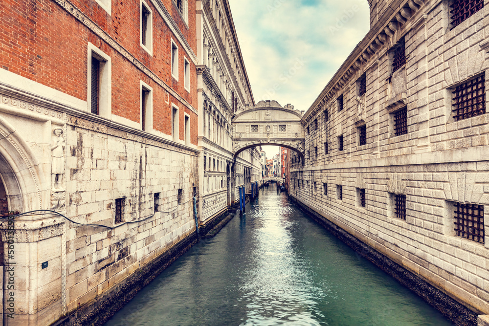 The Bridge of Sighs on canal in Venice, Italy.