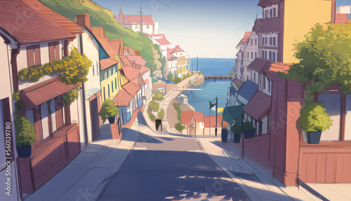 Drawing of the streets of a resort town on a sunny day. 