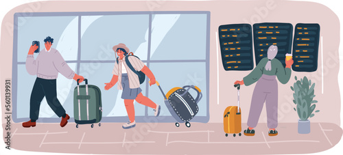 Vector illustration of people in airport terminal. Traveling by airplane. Woman Looking at Schedule Board, Man walk with luggage. Business fly and vacation woman