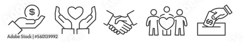 Donate and charity vector line icon collection on white background - donation, support, fundraising, voluntary, togetherness and help