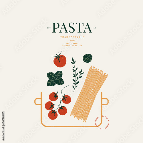 Italian pasta in abstract pan. Spaghetti ingredients. Italian food. Vector illustration