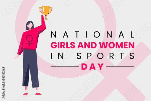 National Girls and Women in Sports Day. Holiday concept with women holding victory trophies. Template for background, banner, card, poster with text inscription.
