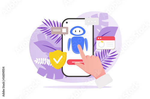 Virtual assistant concept with people hand in flat design. Chatbot problem solving, consulting and online help with artificial intelligence bot in mobile application. Illustration for web