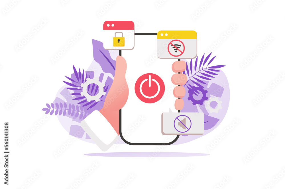 Digital detox concept with people hand in flat design. User turns off Internet access and applications in mobile phone, rests from psychological stress and addiction. Illustration for web Digital detox concept with people hand in flat design. User turns off Internet access and applications in mobile phone, rests from psychological stress and addiction. Illustration for web