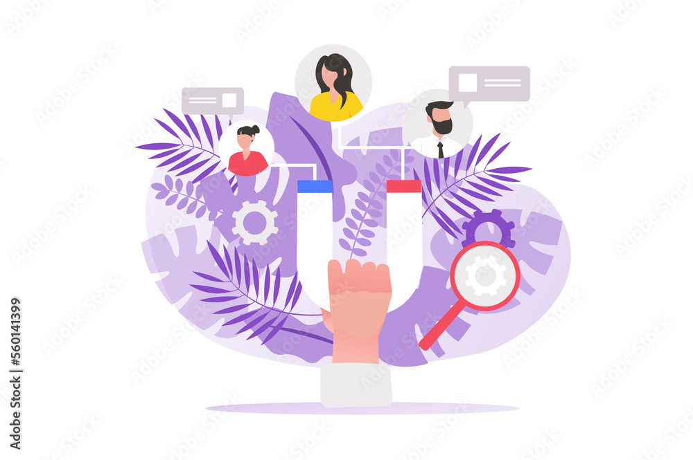Customer retention concept with people hand in flat design. Customer attraction and retention success strategy, social media marketing tools for business online promotion. Illustration for web