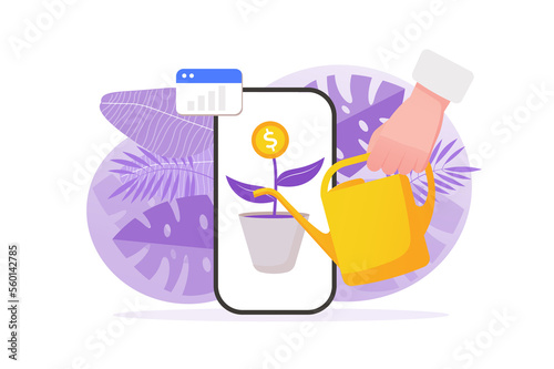 Profit concept with people hand in flat design. Businessman earns money and increases income, watering money tree and receives profit, financial management and savings. Illustration for web