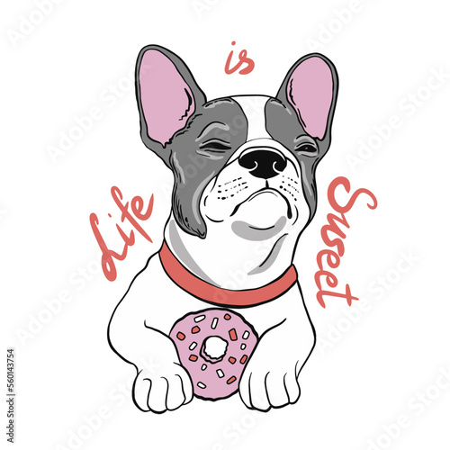 Chilling funny dog french bulldog with donut. Valentine's day card. Humorous postcard, t-shirt composition, hand drawn style print. Vector illustration.
