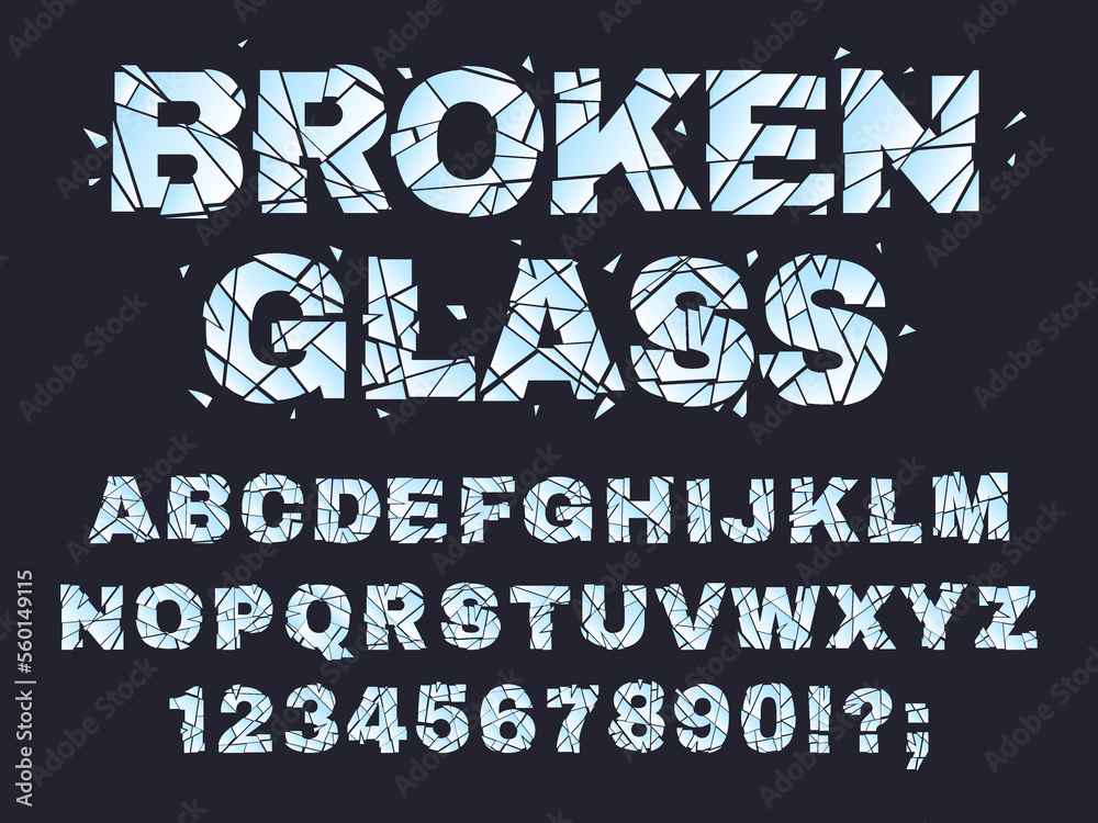 Cracked broken font, smashed letters and numbers. Glitch broken alphabet, crushed glass letters flat vector illustration set. Shattered, fragmented alphabet