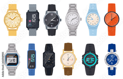 Cartoon wristwatches. Gold and silver hand clocks, quartz analog and electronic watch accessories flat vector illustration set. Vintage classic wristwatches collection