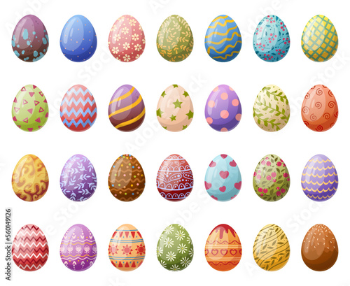Cartoon easter chocolate eggs. Traditional painted eggs, spring holiday egg hunt game, Easter colorful decoration flat vector illustration set. Spring surprise eggs