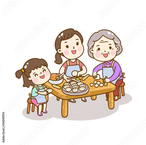 Cartoon family making Chinese dumpling.