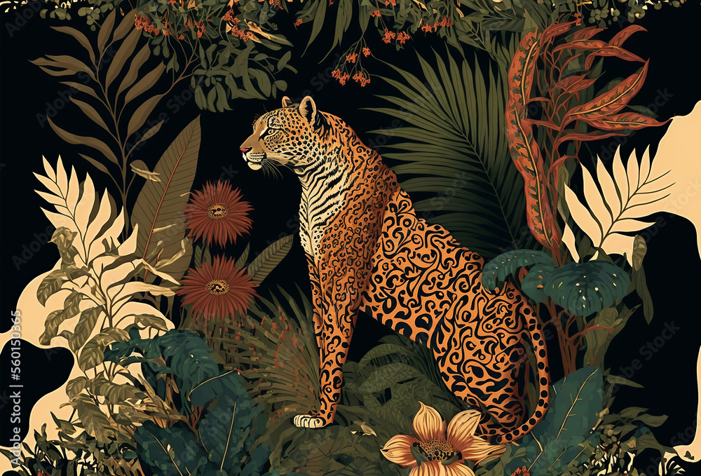 Fototapeta premium Tropical art nouveu, art deco print design with leaves and leopard. Generative ai