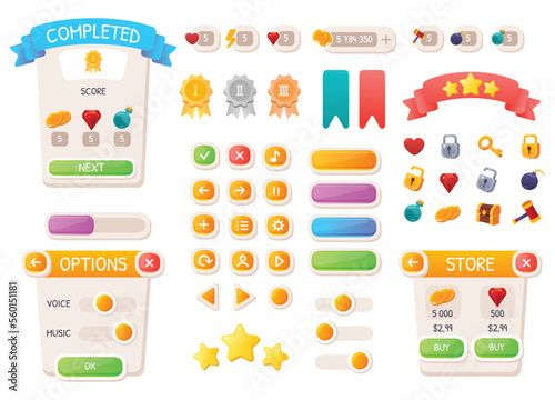 Game UI buttons. Mobile application or game interface elements. Cartoon colorful design. Progress bar, panel and indicators. Video gaming menu kit. Isolated medals and prizes