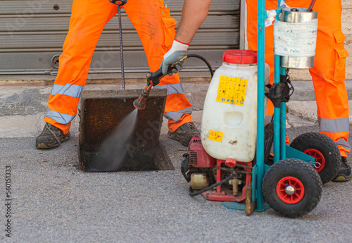 disinfestation cockroaches in the sewer system with spraying of pyrethroid insecticides. photo