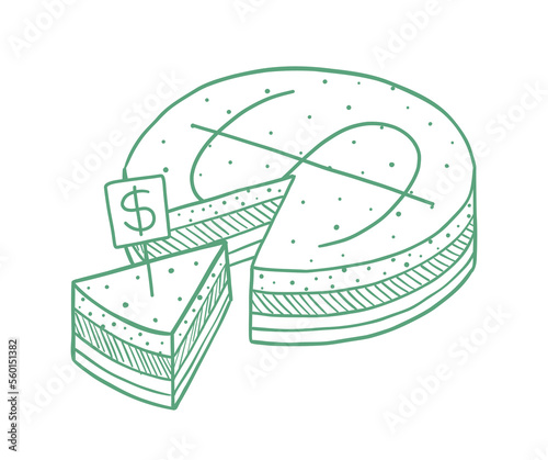 Piece of the financial pie cake. Your share of the money. Cut cake. Vector illustration.