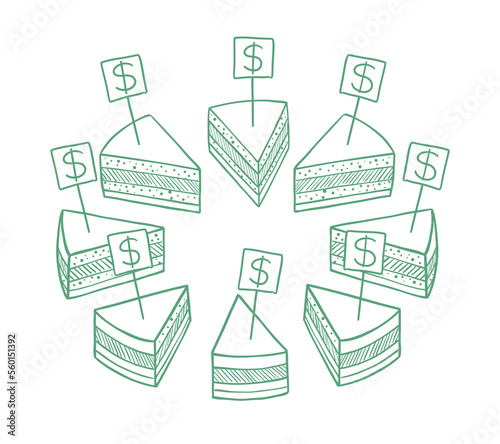 Pieces of the financial pie. Your share of the money cake. Cut cake and its slice parts split up.