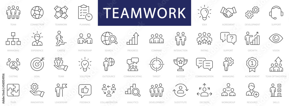 Teamwork and Business People thin line icons set. Teamwork editable stroke icon collection. Business icons. Team signs. Vector illustration