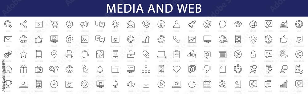 Media thin line icons set. Web editable stroke icons. Network symbol. Vector - obrazy, fototapety, plakaty 