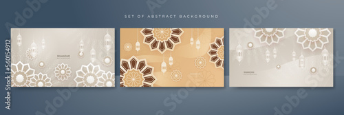 Set of Islamic style ramadan beige design background banner. Arabic Ramadan Kareem style arch in beige color with traditional mandala pattern. Copy space. Vector illustration