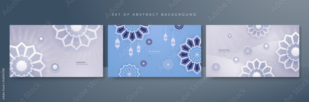 Set of Ramadan Kareem background banner. Islamic Greeting Cards for Muslim Holidays and Ramadan. Blue banner with mandala pattern and lantern. Islamic style ramadan blue purple design background