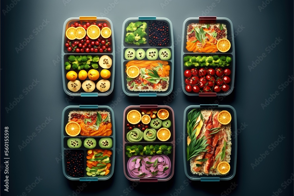 Meal prep containers filled with healthy lunches , ai generated