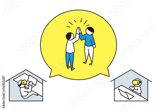 Two people wearing VR goggles and giving a high five while being far away