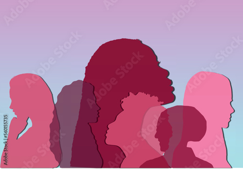 Population and society with different people. Women Communication crowd of families and multiethnic people and different cultures.Sociology.Crowding and density of people.Silhouette profile