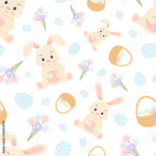 easter seamless pattern bunny, eggs, flowers