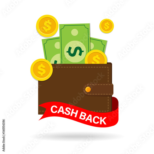 Cashback, a vector money saving concept with dollar coins, wallet, paper dollars and a red ribbon isolated on white. The guarantee of the bonus program is a financial sticker. Online stores, cashback 