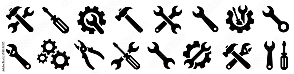 Tools and Service icons set. Wrench, screwdriver and gear icon. Screwdriver and wrench glyph icon. Settings and repair, service sign - stock vector. - obrazy, fototapety, plakaty 
