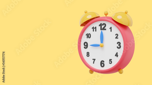 Multicolored vintage alarm clock, side view . 3d rendering. Icon on yellow background, space for text.