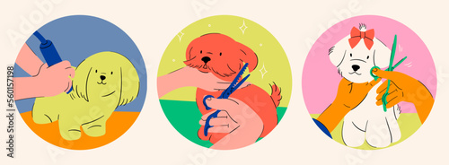 Grooming of a Dog. Pet grooming salon, professional animal care concept. Trimming dog with clipper, scissors. Cartoon style. Set of three hand drawn Vector illustrations. Logo, print, poster templates