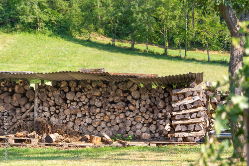 Stack of chopped wooden logs for winter fire making in Pyrenees, France