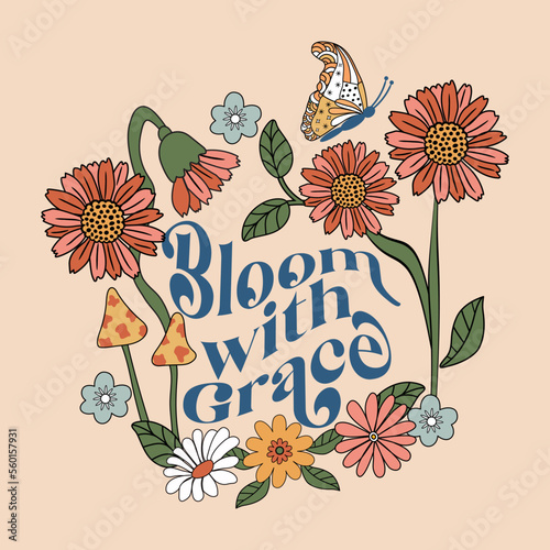 Bloom with grace hand drawn trippy floral illustration print for apparel, T-shirt, sweatshirt, card, poster.