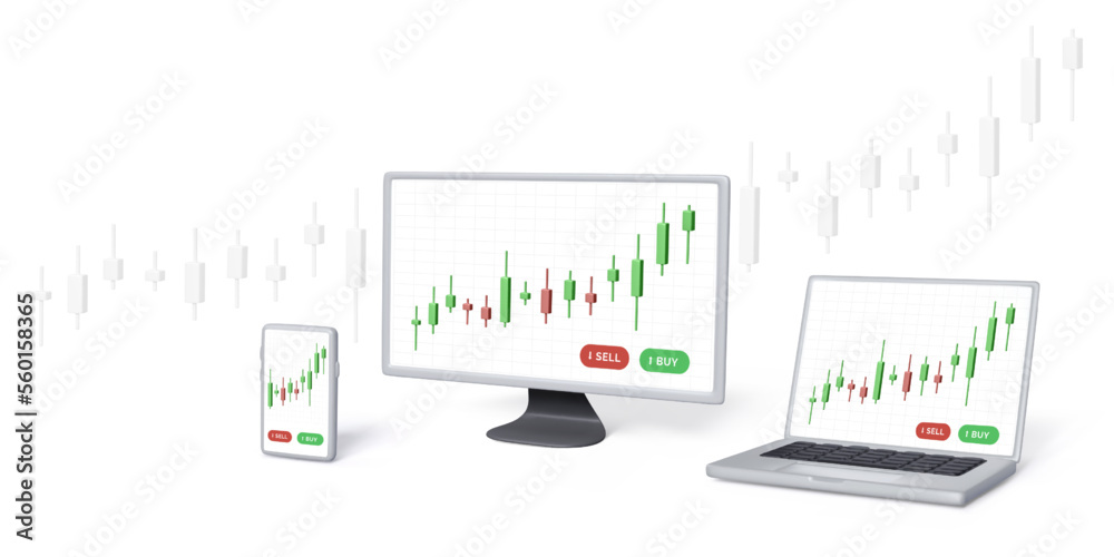 Online stock exchange trade banner in 3D style. Computer monitor PC laptop smartphone with candlestick chart on screen