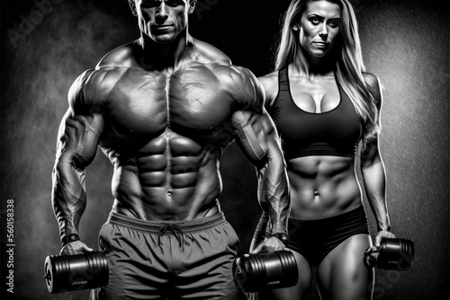 Athletic man and woman with a dumbells , ai generated © dasom
