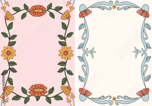 Hand drawn floral retro background for Posters Wall art, Invites and cards in Art Nouveau style. Trendy 60s 70s themed groovy cute print template with floral borders.
