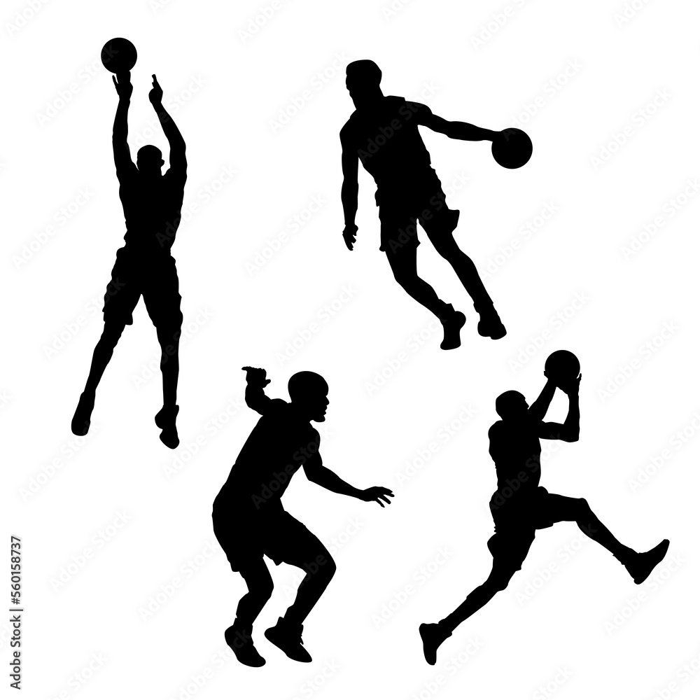 Silhouette of basketball players isolated on white background. Black logo of sports athletes. Black and white vector set of basketball shooting.