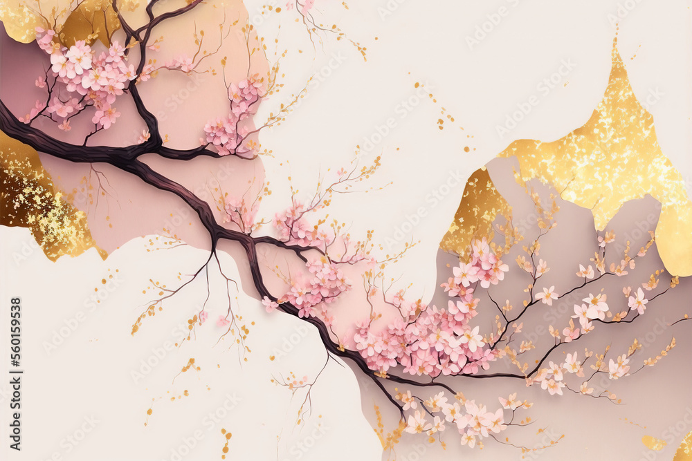 Abstract sakura, design for prints, postcards or wallpaper with golden elements. AI - obrazy, fototapety, plakaty 