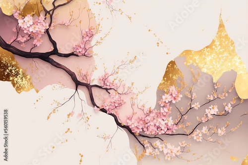 Abstract sakura, design for prints, postcards or wallpaper with golden elements. AI photo